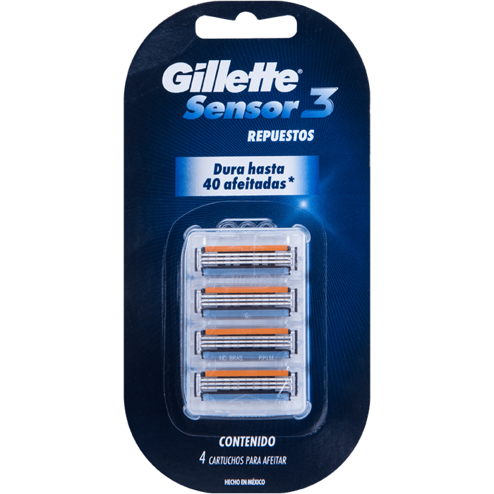 GILLETTE SENSOR 3 CARTUCHOS PARA AFEITAR 4  PZA.