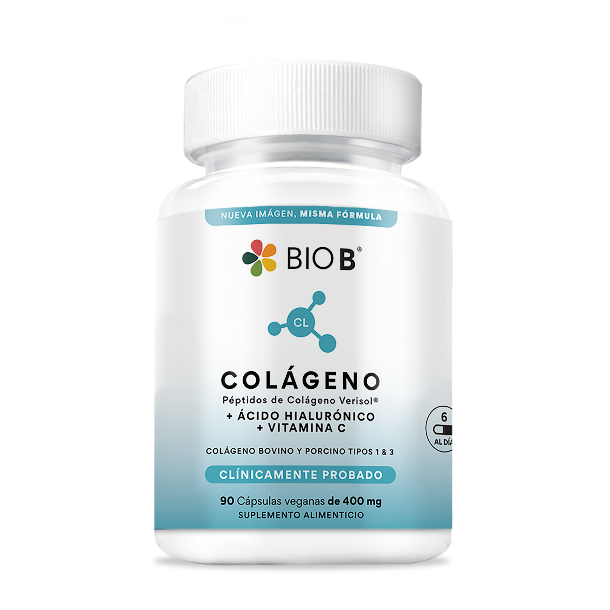 COLÁGENO ÁCIDO HIALURÓNICO Y VITAMINA C BIO B FRASCO 90 CAP 1  PZA.