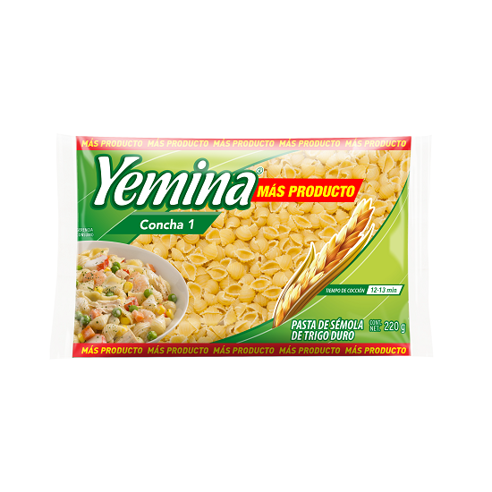 PASTA DE SEMOLA DE TRIGO DURO CONCHA N°1 YEMINA MAS PRODUCTO 220  GR.