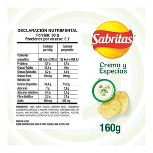 PAPAS SABRITAS CREMA Y ESPECIAS FAMILIAR 160  GR.