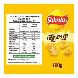 PAPAS SABRITAS RECETA CRUJIENTE SAL 160  GR.