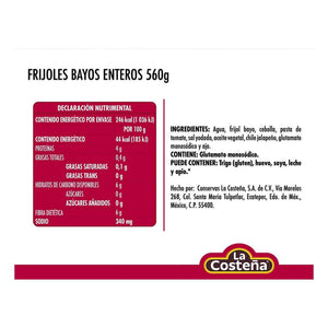 FRIJOLES ENTEROS BAYOS LA COSTEÑA LATA 560  GR.