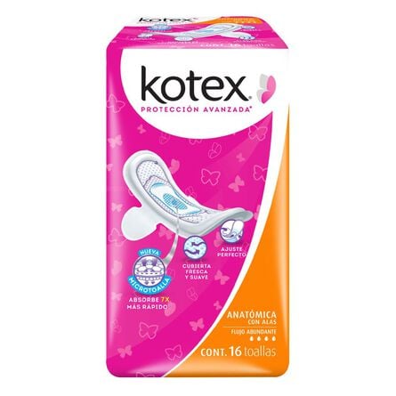 TOALLA FEMENINA KOTEX  FLUJO ABUNDANTE ANATÓMICA CON ALAS 16  PZA.