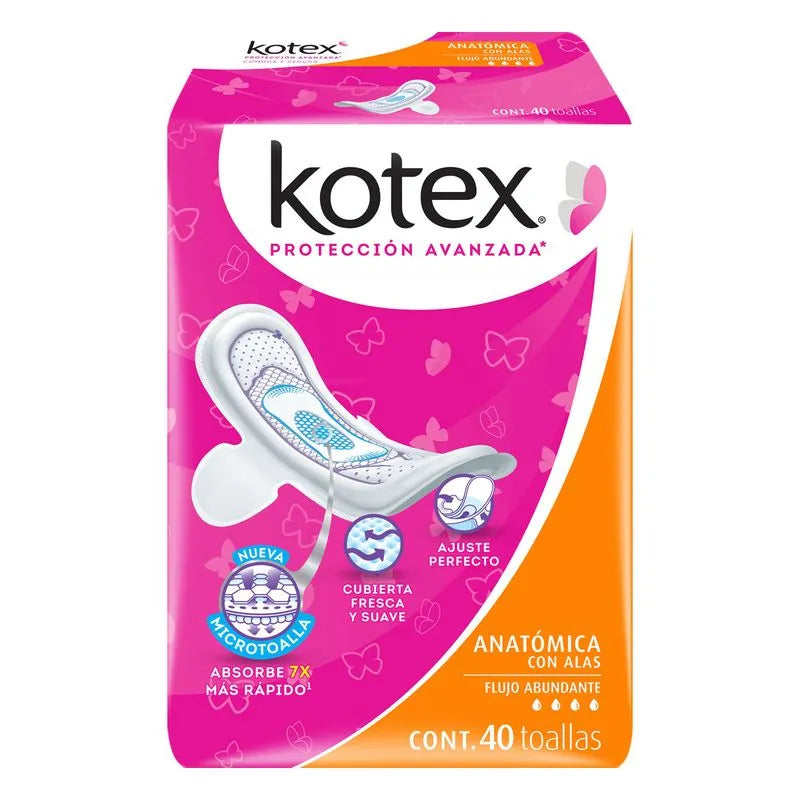 TOALLA FEMENINA KOTEX  FLUJO ABUNDANTE ANATÓMICA CON ALAS 40  PZA.