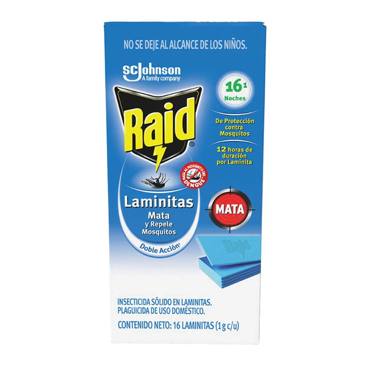 INSECTICIDA RAID LAMINITAS  MATA Y REPELE MOSQUITOS 16  PZA.