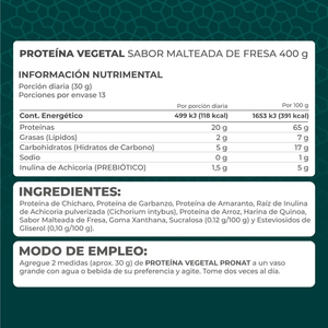 PROTEÍNA VEGETAL MALTEADA DE FRESA PRONAT BOLSA 400  GR.