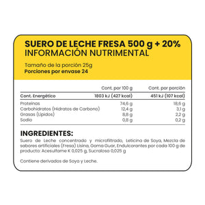 SUERO DE LECHE  FRESA + 20% EXTRA PROWINNER BOTE 600  GR.