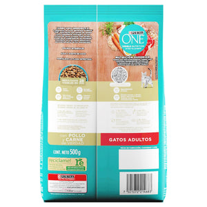 ALIMENTO PARA GATO ONE ADULTOS CON POLLO Y CARNE BOLSA 500  GR.