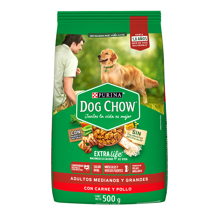 ALIMENTO PARA PERRO DOG CHOW ADULTO RAZAS MEDIANAS Y GRANDES SABOR CARNE Y POLLO 21% PROTEINA BOLSA 500  GR.