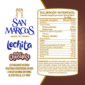 LECHE PARCIALMENTE DESCREMADA DESLACTOSADA ULTRAPASTEURIZADA CON SABOR CHOCOLATE SAN MARCOS 236  GR.