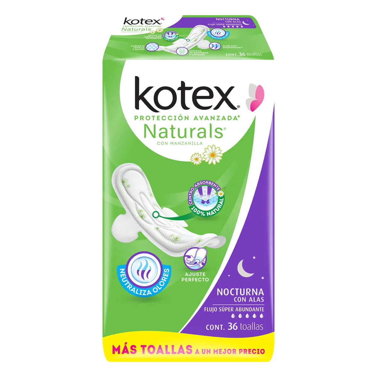 TOALLA FEMENINA KOTEX NATURALS NOCTURNA CON ALAS 36  PZA.