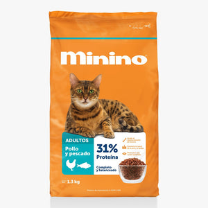 ALIMENTO PARA GATO 30% PROTEÍNA MININO POLLO Y PESCADO BOLSA 1.300  KG.