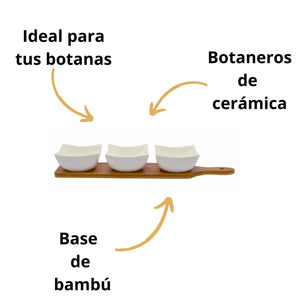 JUEGO DE 3 BOTANEROS DE CERÁMICA CON BASE DE BAMBÚ 3  PZA.