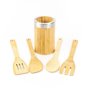 JUEGO DE 4 UTENSILIOS DE COCINA DE BAMBÚ CON SOPORTE 5  PZA.