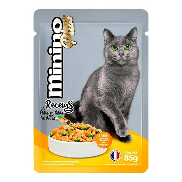 ALIMENTO PARA GATO MININO PLUS ADULTO POLLO EN CALDO CON VERDURAS POUCH 85  GR.