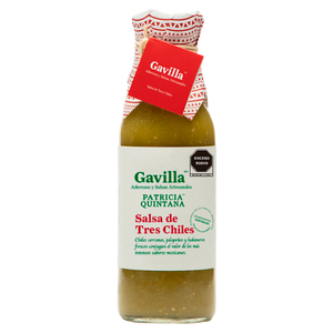 SALSA DE TRES CHILES GAVILLA BOTELLA 360  ML.