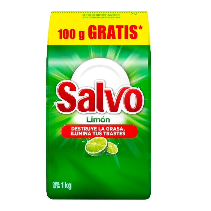 DETERGENTE EN POLVO PARA TRASTES LIMON  SALVO 1  KG.