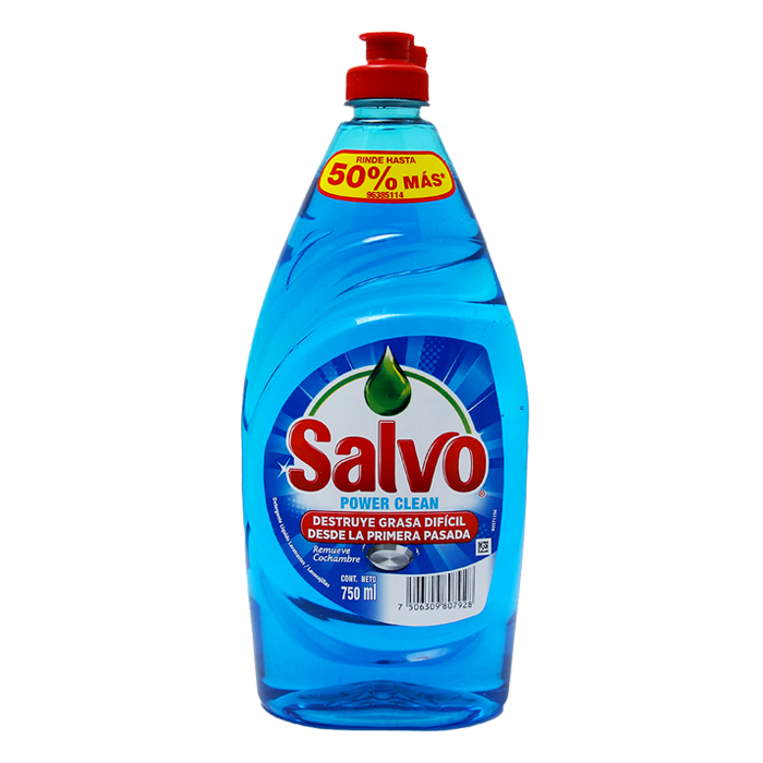 DETERGENTE LIQUIDO LAVATRASTES SALVO POWER CLEAN 750  ML.