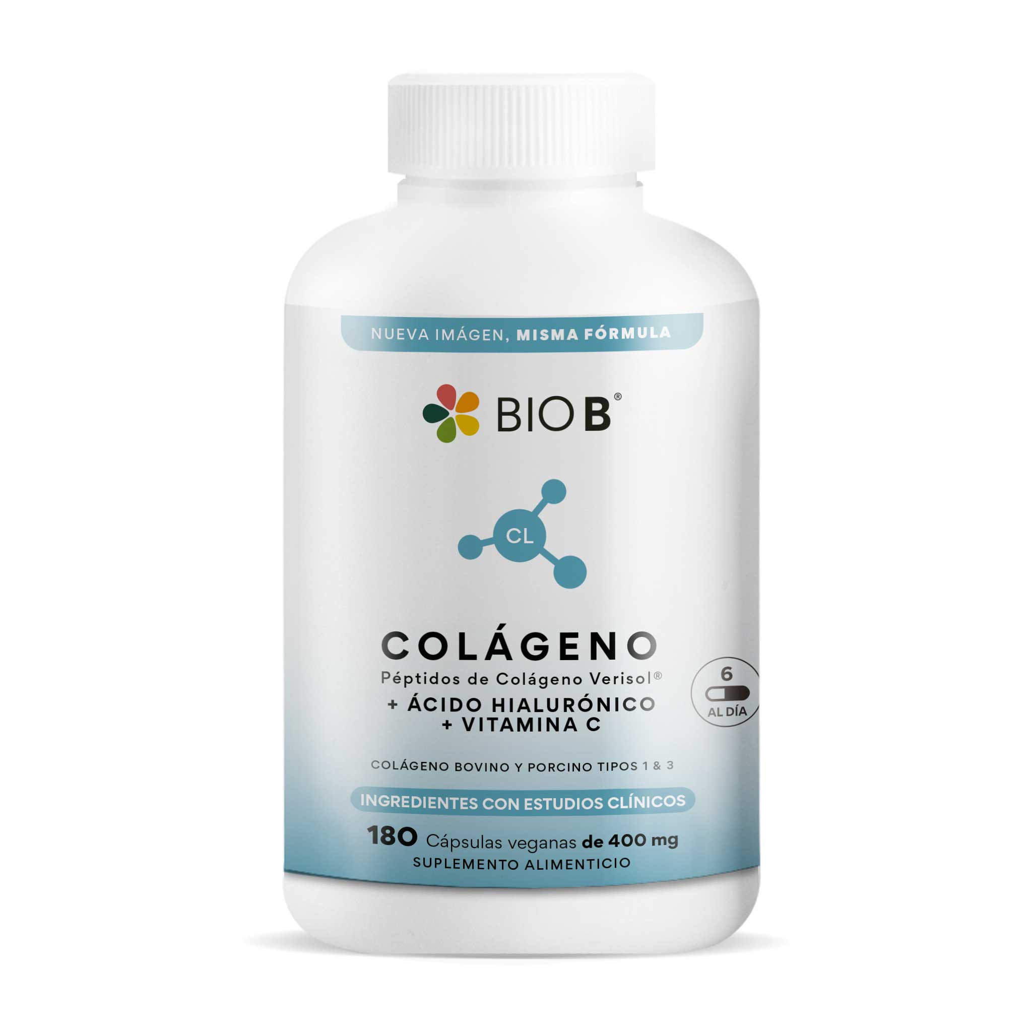 COLÁGENO ÁCIDO HIALURÓNICO Y VITAMINA C BIO B FRASCO 180 CAP 1  PZA.