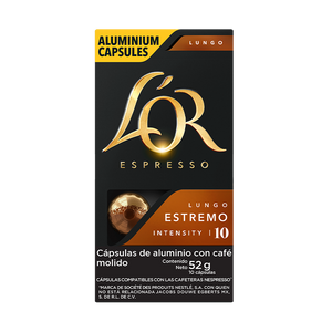 CAPSULAS DE ALUMINIO CON CAFE MOLIDO LUNGO ESTREMO INTENSITY LOR ESPRESSO 10  PZA.