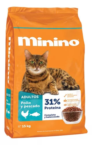 ALIMENTO PARA GATOS POLLO Y PESCADO  MININO 15  KG.