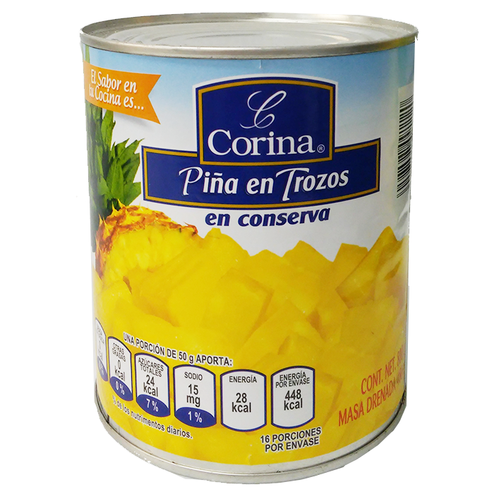 TROZOS DE PIÑA EN ALMÍBAR CORINA  LATA 800  GR.