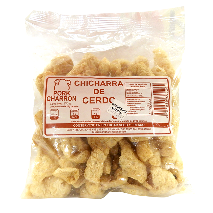 CHICHARRÓN DE CERDO  PORKCHARRON BOLSA 200  GR.