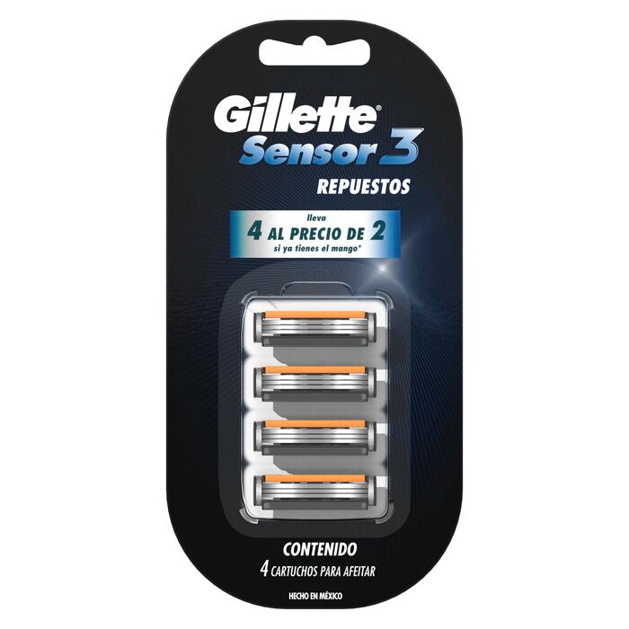 GILLETTE SENSOR 3 CARTUCHOS PARA AFEITAR 4  PZA.