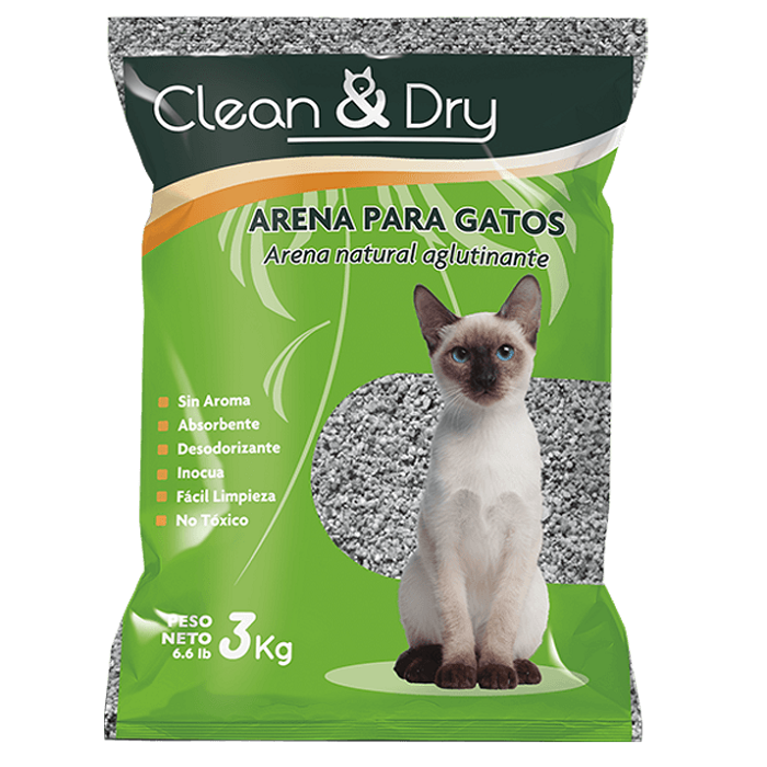 ARENA NATURAL AGLUTINANTE PARA GATOS CLEAN & DRY 3  KG.