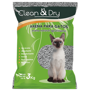 ARENA NATURAL AGLUTINANTE PARA GATOS CLEAN & DRY 3  KG.