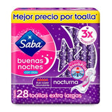 TOALLA FEMENINA SABA BUENAS NOCHES  EXTRA LARGAS CON ALAS FLUJO SÚPER ABUNDANTE NOCTURNA 28  PZA.