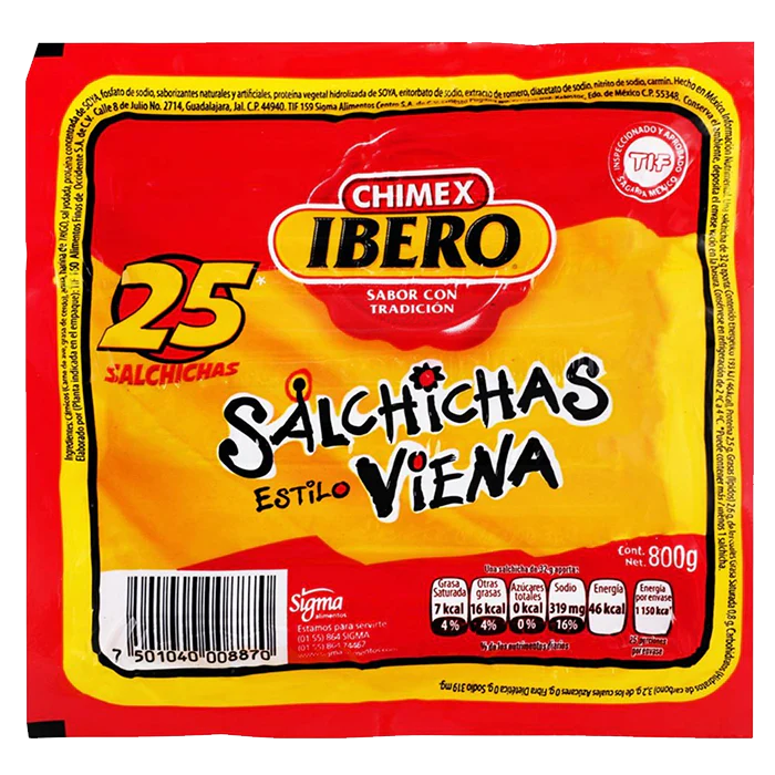 SALCHICHA ESTILO VIENA CON PAVO CHIMEX IBERO 800  GR.