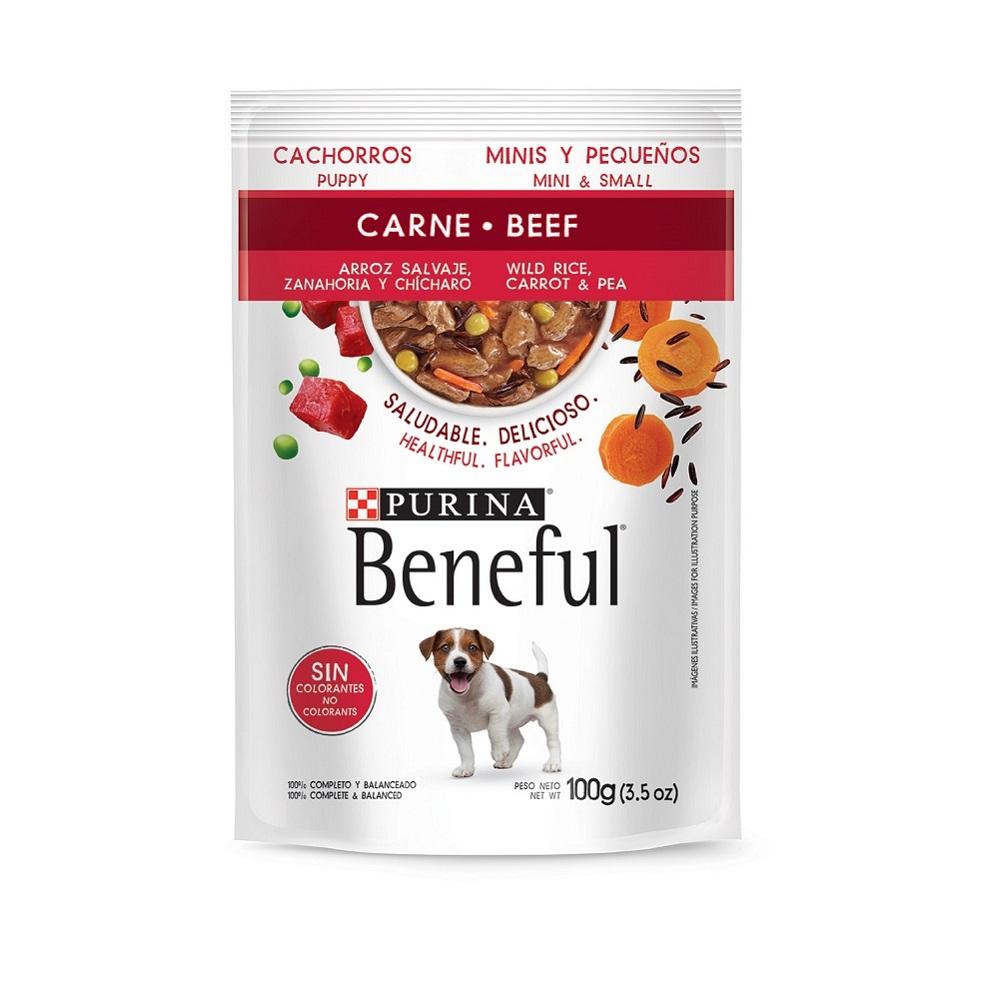 ALIMENTO PARA PERRO BENEFUL CACHORRO CORDERO CON ARROZ SALVAJE ZANAHORIA Y CHICHARO POUCH 100  GR.