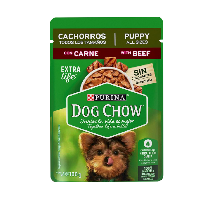 ALIMENTO PARA PERRO DOG CHOW CACHORRO RAZAS PEQUEÑAS CARNE C/ LECHE Y ARROZ POUCH 100  GR.