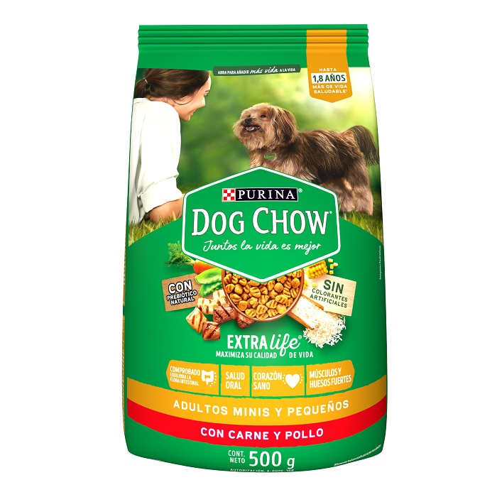 ALIMENTO PARA PERRO DOG CHOW ADULTO RAZAS PEQUEÑAS SABOR CARNE Y POLLO 23% PROTEINA PROTEINA BOLSA 500  GR.