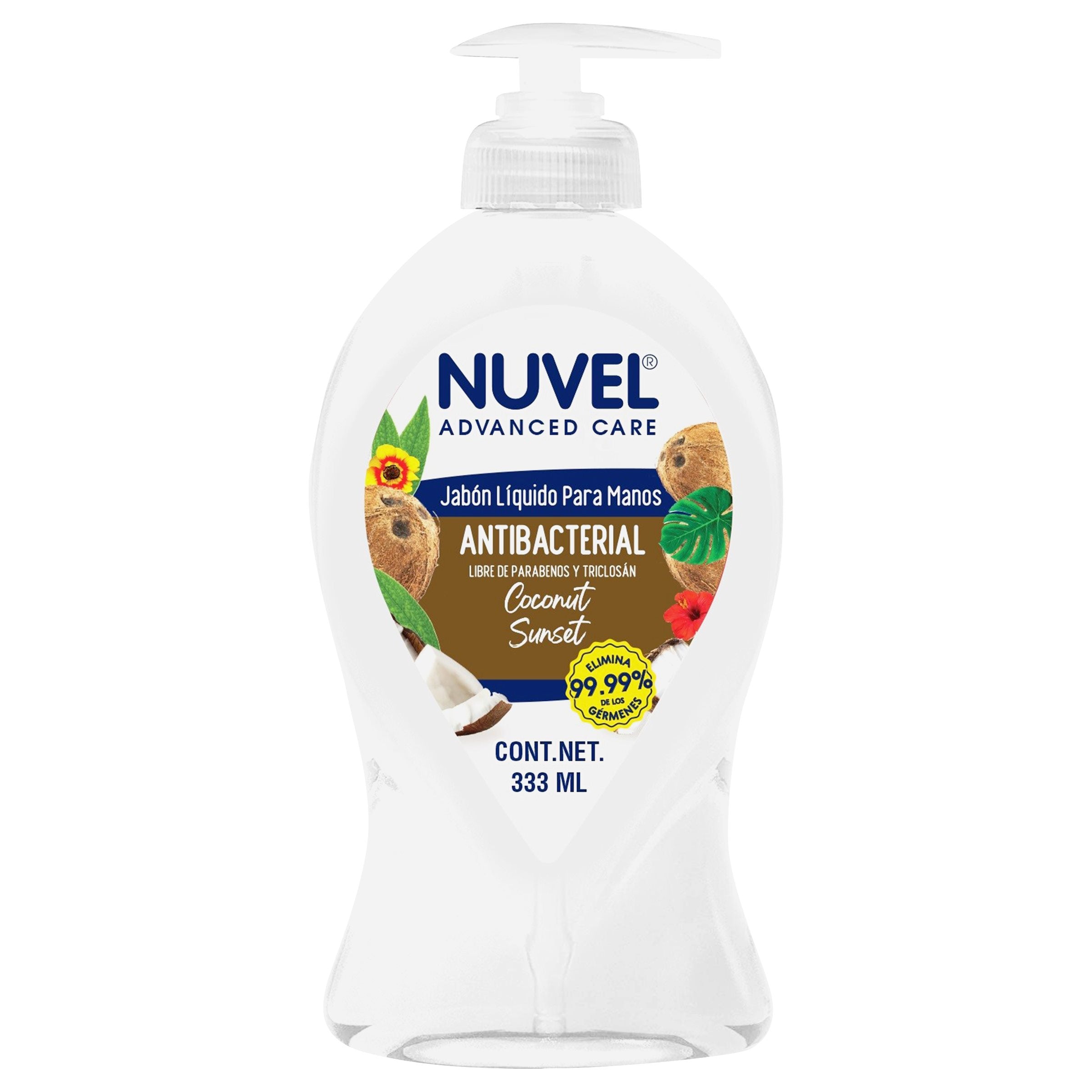 JABON LIQUIDO PARA MANOS NUVEL COCO SUNSET ANTIBACTERIAL 333  ML.