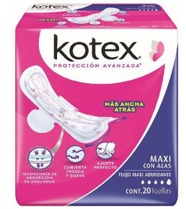 TOALLA FEMENINA KOTEX  MAXI CON ALAS 20  PZA.