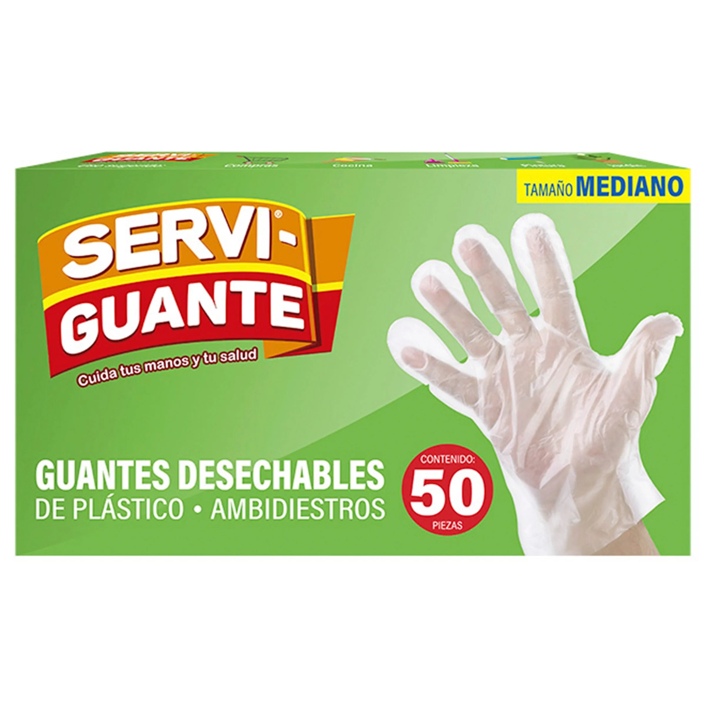 GUANTE DESECHABLES DE PLÁSTICO SERVIBOLSA AMBIDIESTROS MEDIANO 50  PZA.