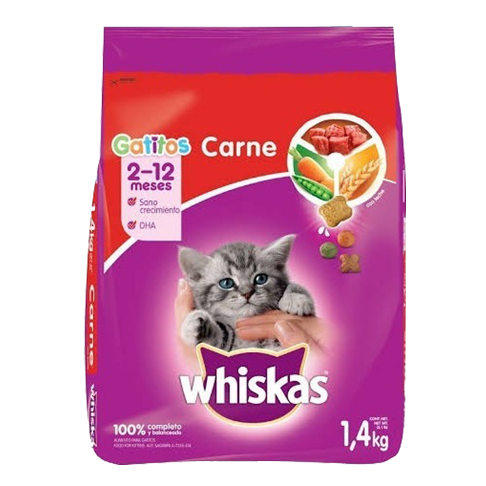 ALIMENTO PARA GATO WHISKAS GATITOS CARNE Y LECHE SECO BOLSA 1.400  KG.