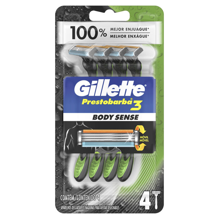 MAQUINA PARA AFEITAR GILLETTE PRESTOBARBA 3 BODY SENSE PACK 4  PZA.