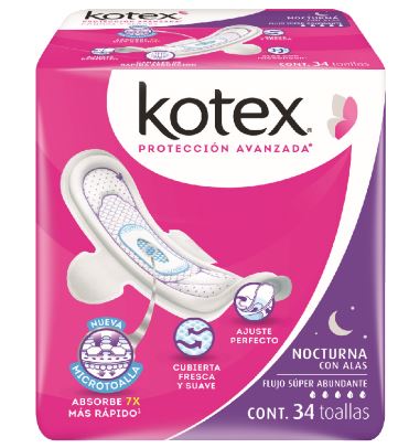 TOALLA FEMENINA KOTEX  NOCTURNA CON ALAS FLUJO SÚPER ABUNDANTE 34  PZA.